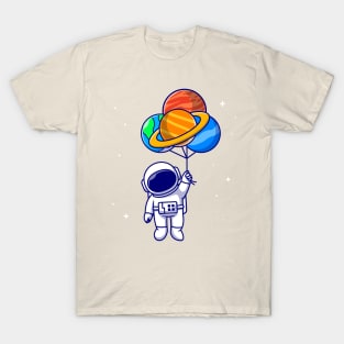 Cute Astronaut Floating With Planet balloons In Space  Cartoon T-Shirt